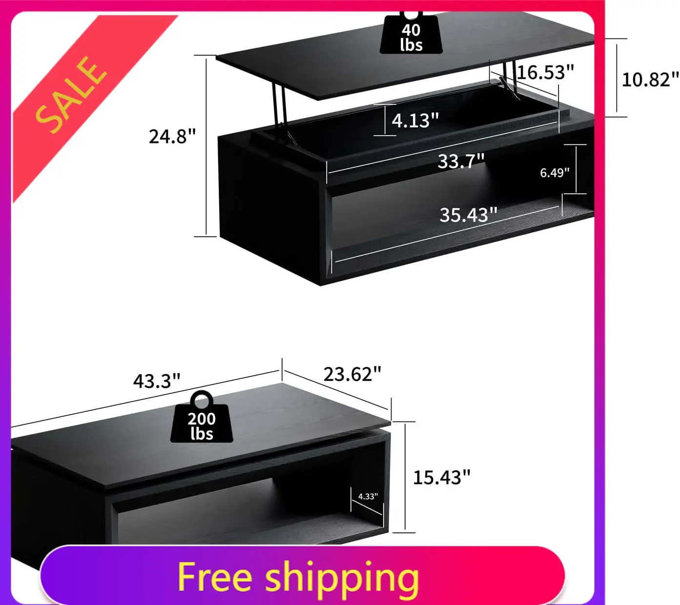 Coffee Tea Or - 43,3'' rechthoekige salontafel met opklapbaar blad,